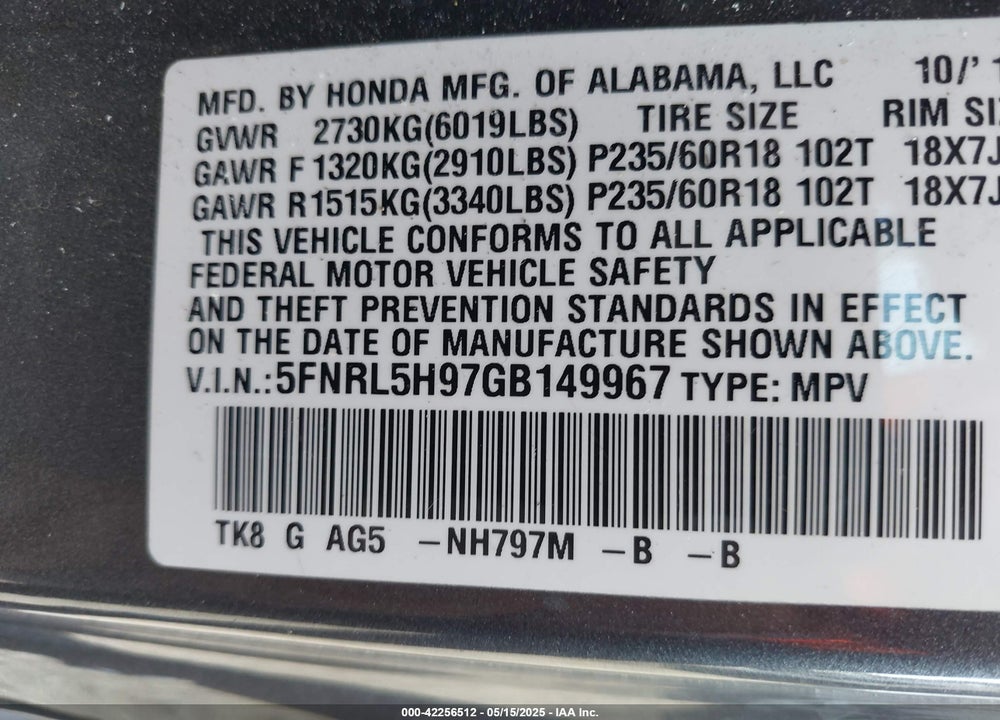 2016 HONDA ODYSSEY TOURING/TOURING ELITE VIN: 5FNRL5H97GB149967