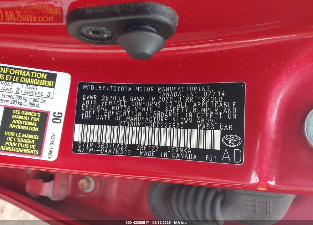 2014 TOYOTA COROLLA VIN: 2T1BURHE5EC222970