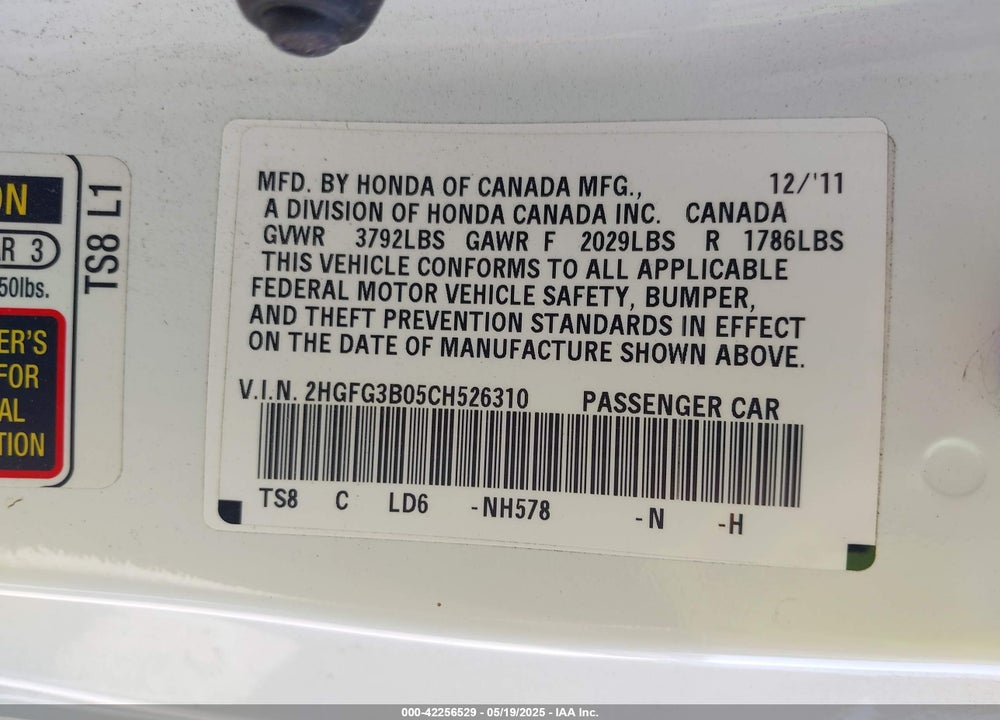 2012 HONDA CIVIC EX-L VIN: 2HGFG3B05CH526310