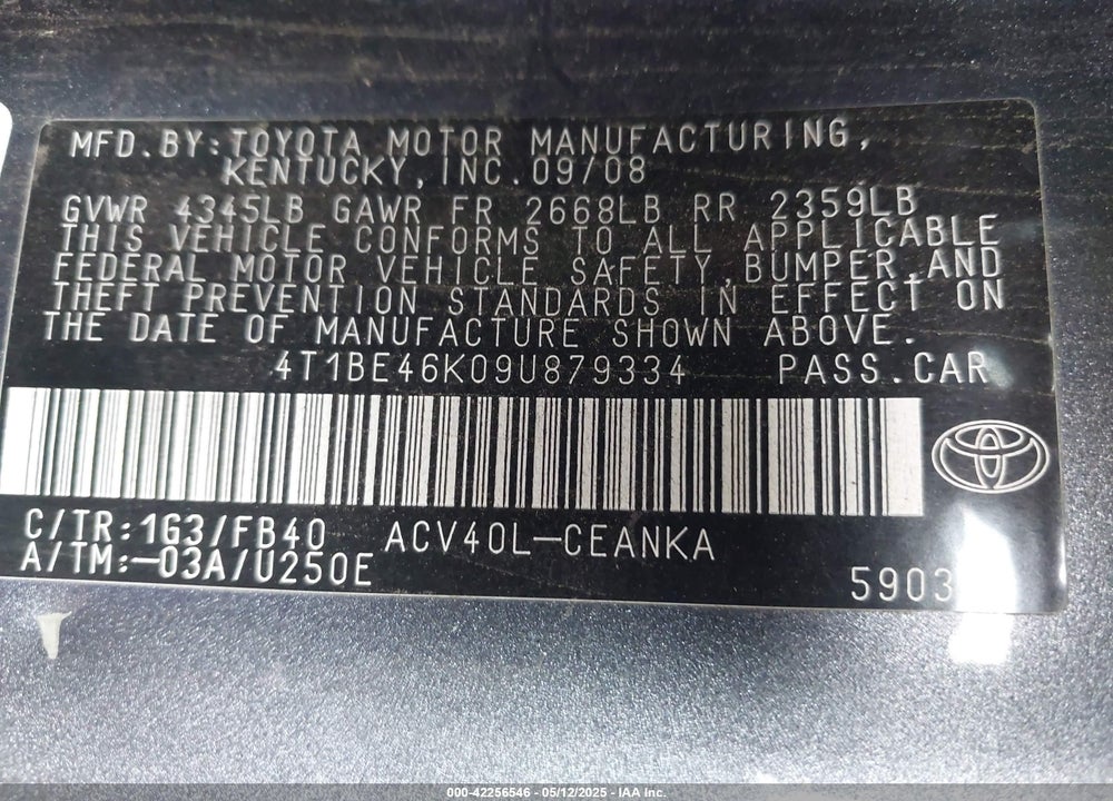 2009 TOYOTA CAMRY VIN: 4T1BE46K09U879334