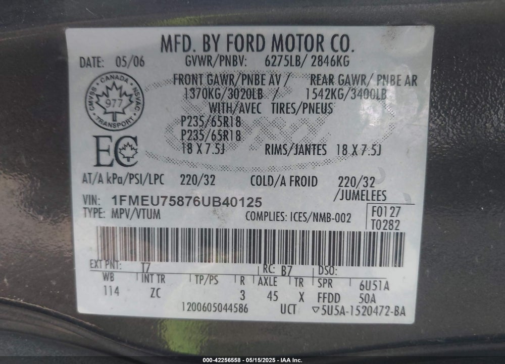 2006 FORD EXPLORER LIMITED VIN: 1FMEU75876UB40125