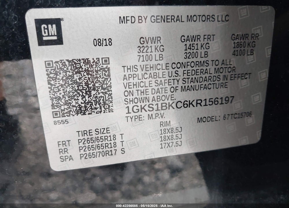 2019 GMC YUKON VIN: 1GKS1BKC6KR156197