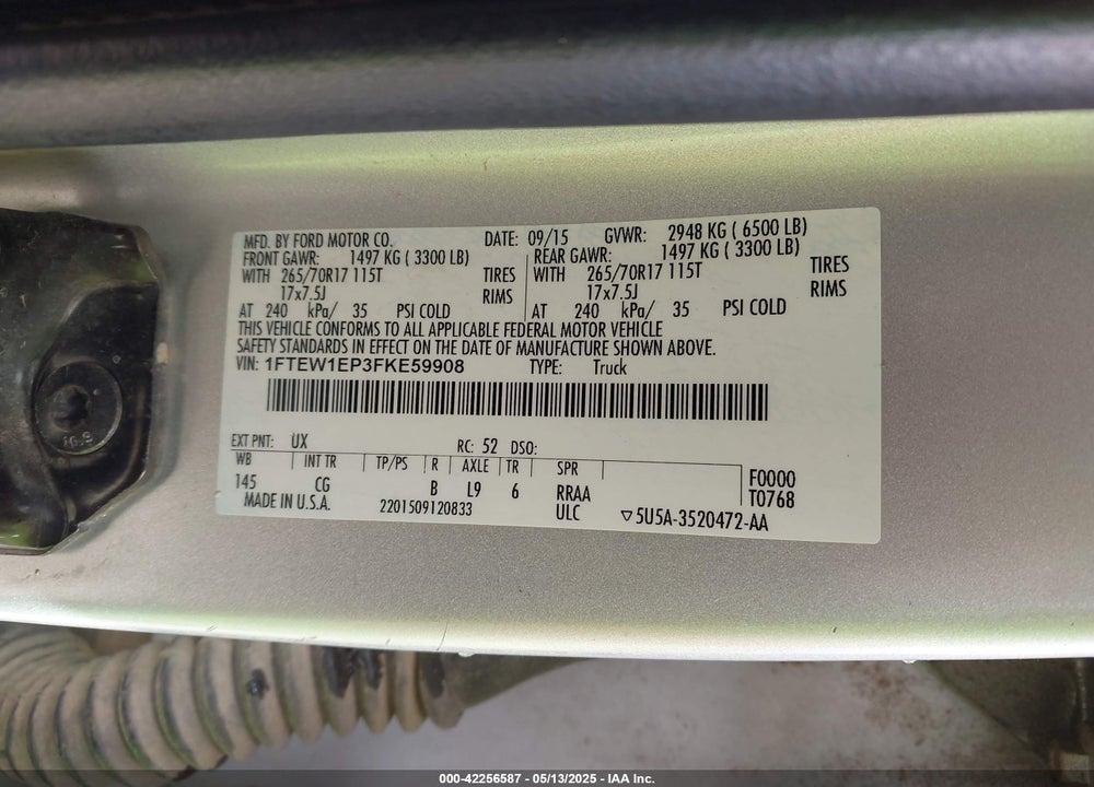 2015 FORD F-150 VIN: 1FTEW1EP3FKE59908