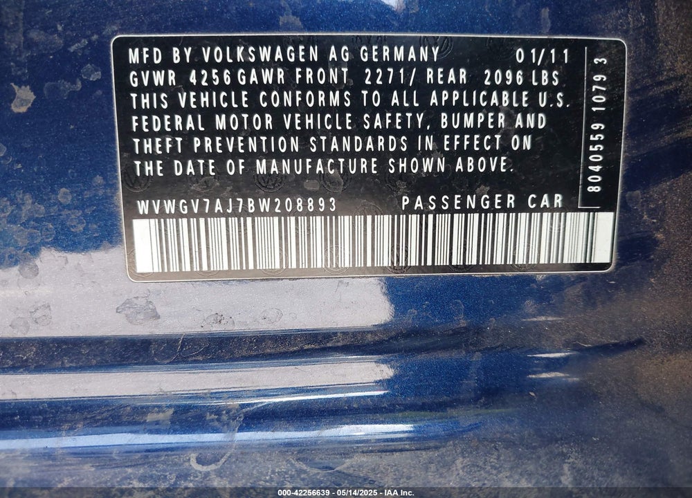 2011 VOLKSWAGEN GTI 4-DOOR VIN: WVWGV7AJ7BW208893