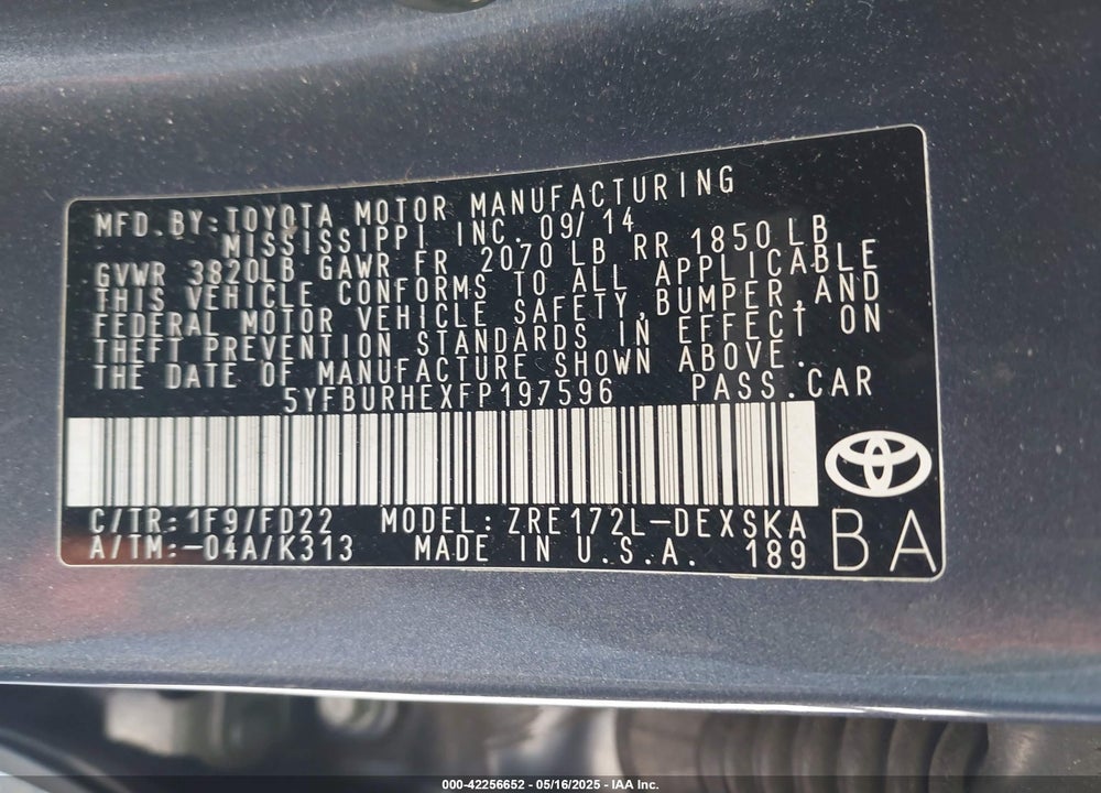 2015 TOYOTA COROLLA S PLUS VIN: 5YFBURHEXFP197596