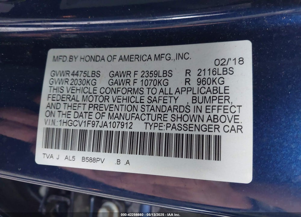 2018 HONDA ACCORD VIN: 1HGCV1F97JA107912