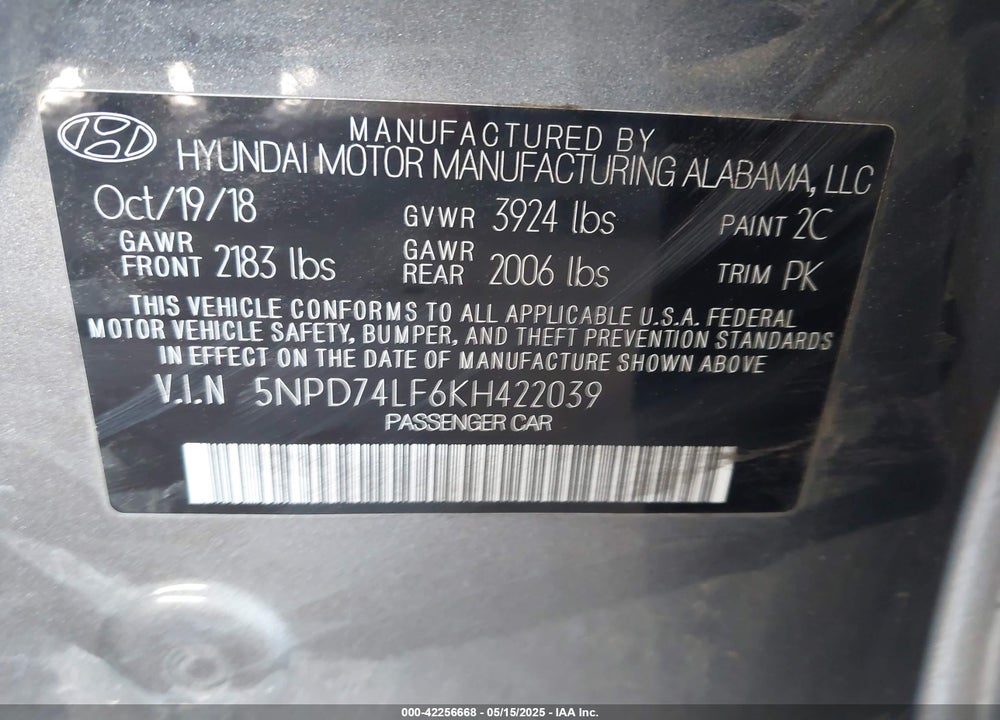 2019 HYUNDAI ELANTRA VIN: 5NPD74LF6KH422039