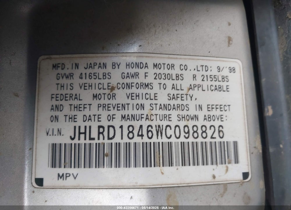 1998 HONDA CR-V LX VIN: JHLRD1846WC098826
