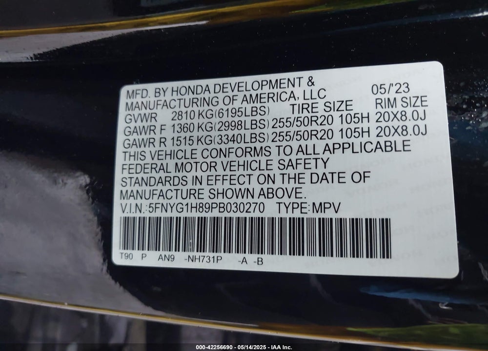 2023 HONDA PILOT VIN: 5FNYG1H89PB030270