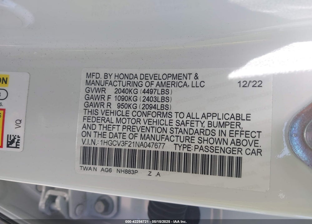 2022 HONDA ACCORD VIN: 1HGCV3F21NA047677