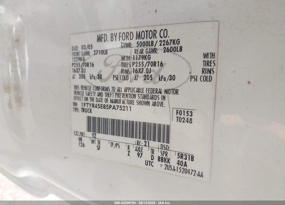 2005 FORD RANGER EDGE/FX4 LEVEL II/FX4 OFF-ROAD/XLT VIN: 1FTYR45E85PA75211