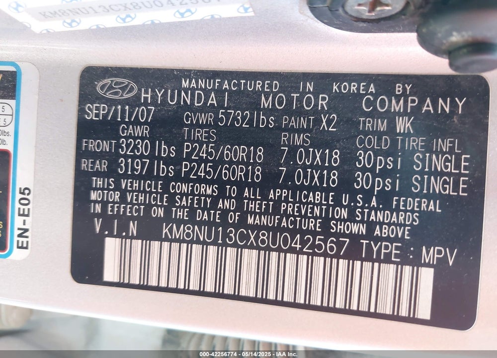 2008 HYUNDAI VERACRUZ VIN: KM8NU13CX8U042567
