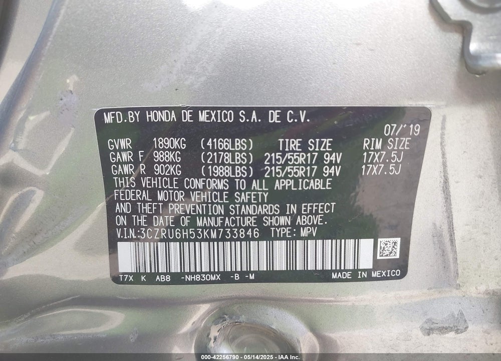 2019 HONDA HR-V VIN: 3CZRU6H53KM733846