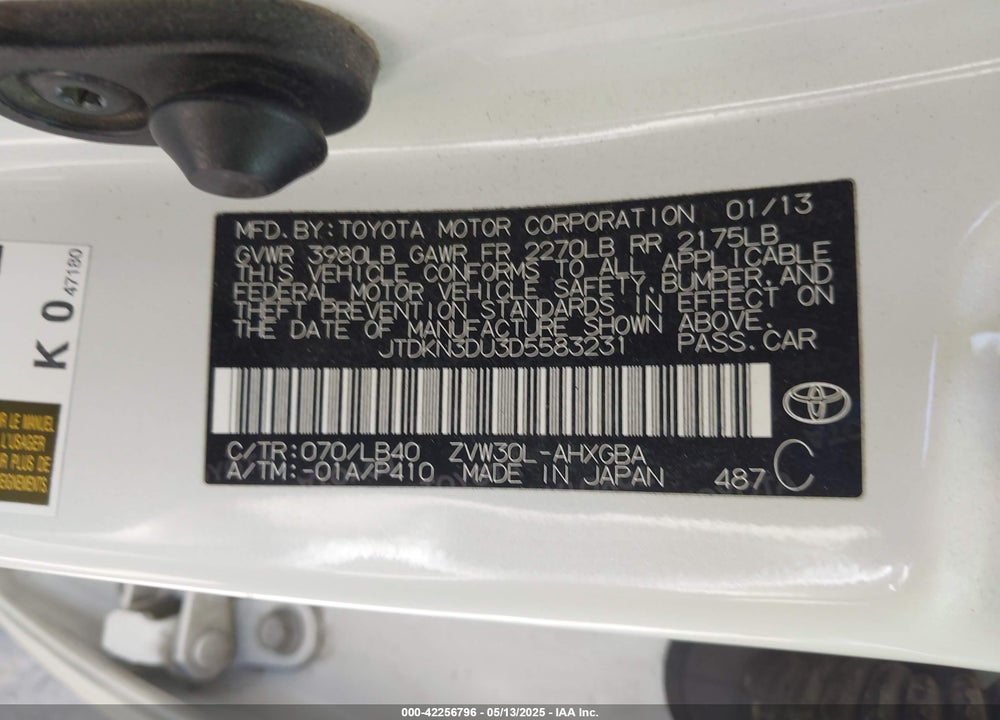 2013 TOYOTA PRIUS VIN: JTDKN3DU3D5583231