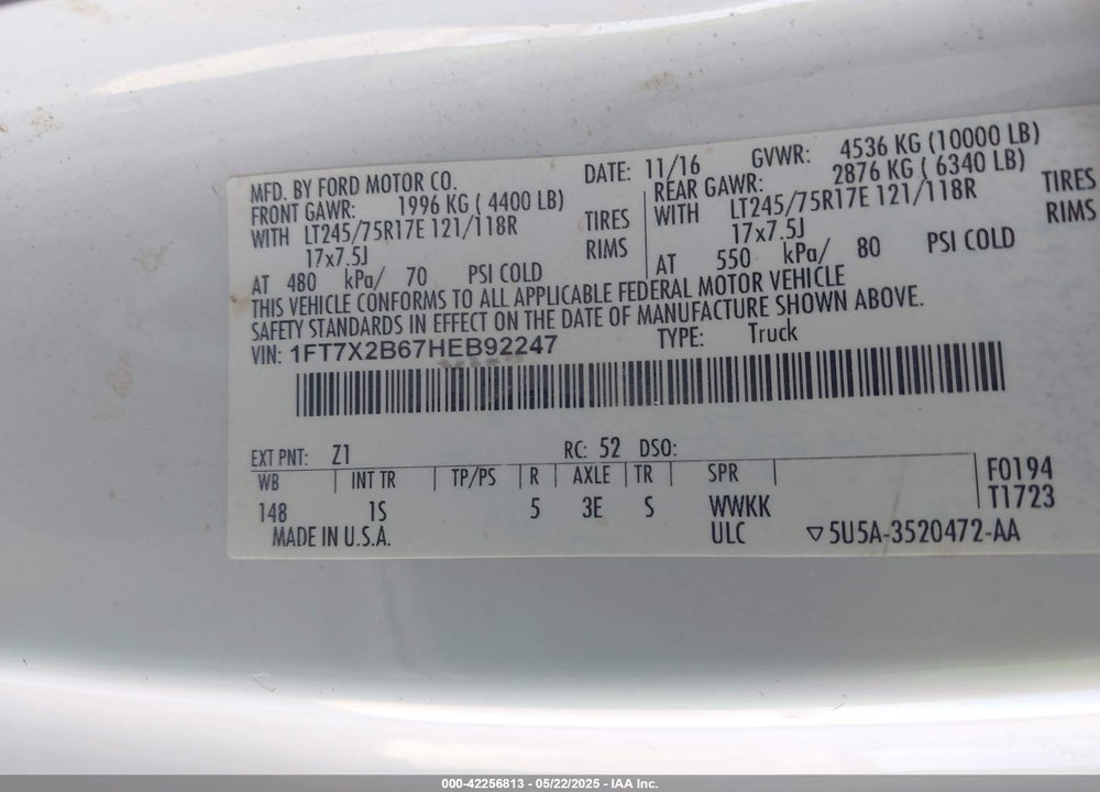 2017 FORD F-250 XL VIN: 1FT7X2B67HEB92247