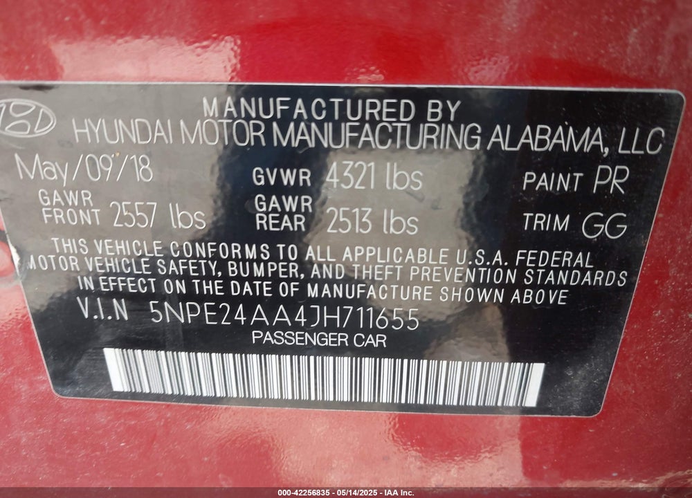 2018 HYUNDAI SONATA VIN: 5NPE24AA4JH711655
