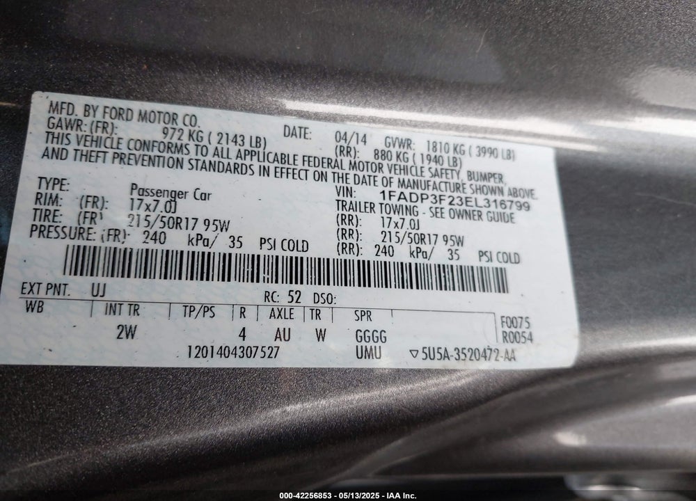 2014 FORD FOCUS SE VIN: 1FADP3F23EL316799