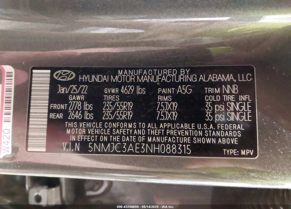 2022 HYUNDAI TUCSON VIN: 5NMJC3AE3NH088315