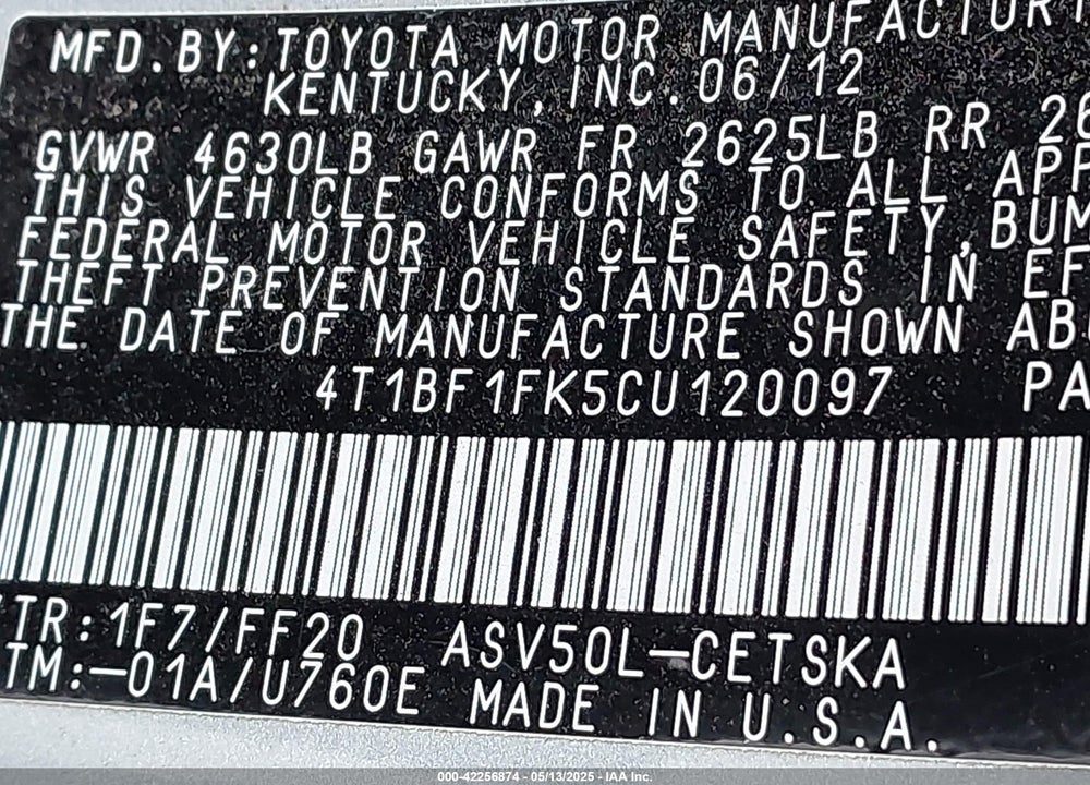 2012 TOYOTA CAMRY VIN: 4T1BF1FK5CU120097