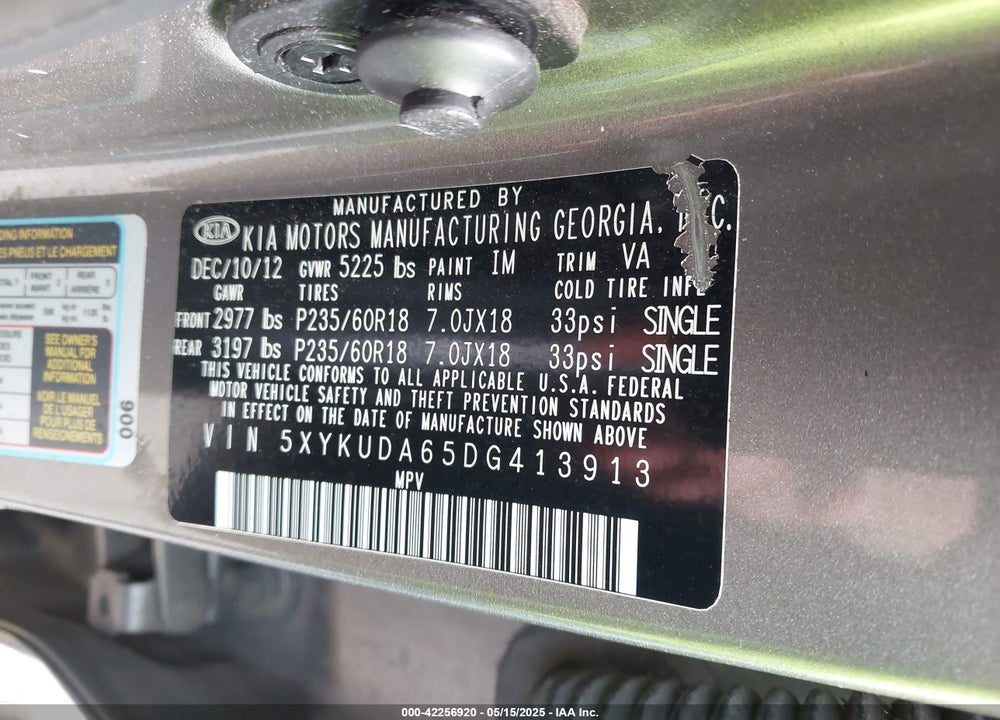 2013 KIA SORENTO VIN: 5XYKUDA65DG413913