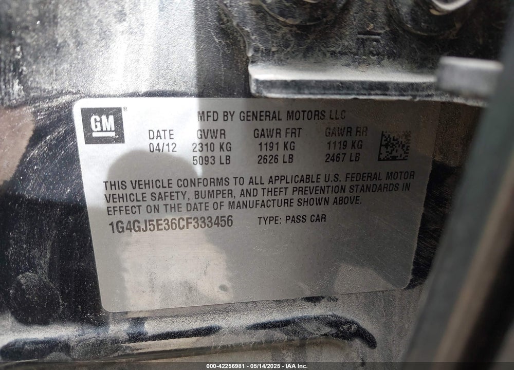 2012 BUICK LACROSSE VIN: 1G4GJ5E36CF333456