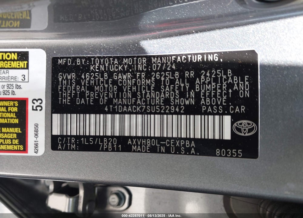 2025 TOYOTA CAMRY VIN: 4T1DAACK7SU522942