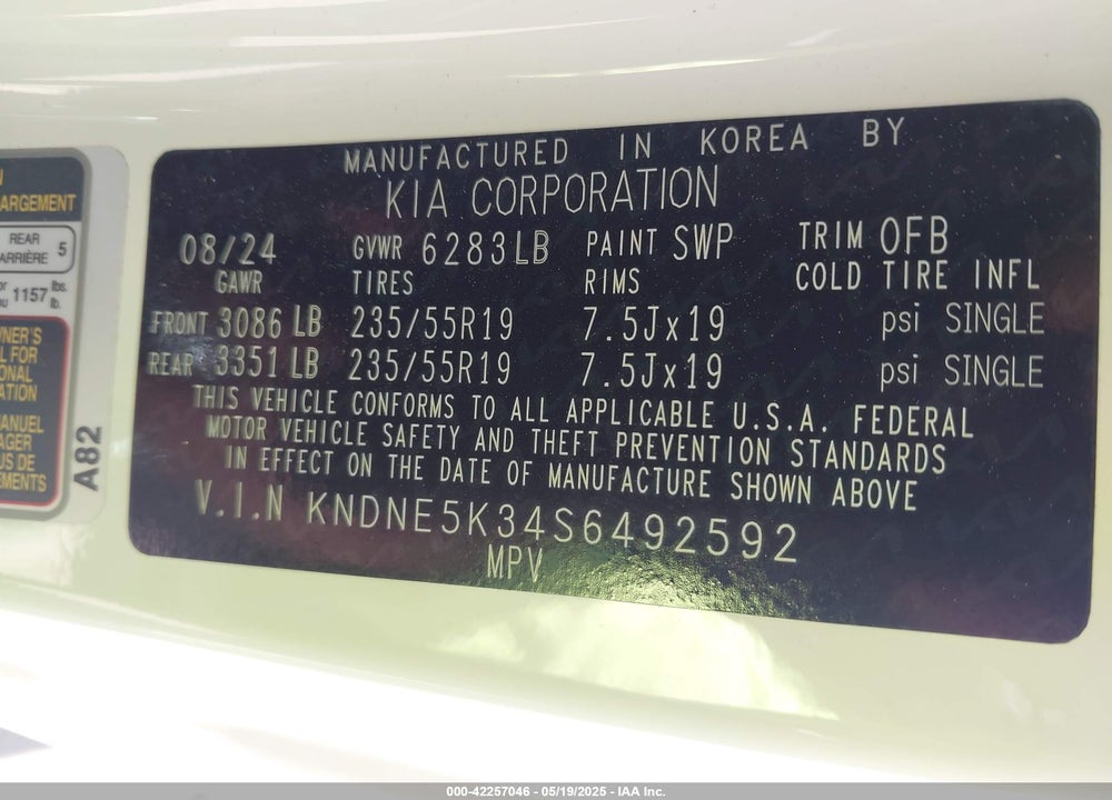 2025 KIA CARNIVAL MPV SX PRESTIGE VIN: KNDNE5K34S6492592
