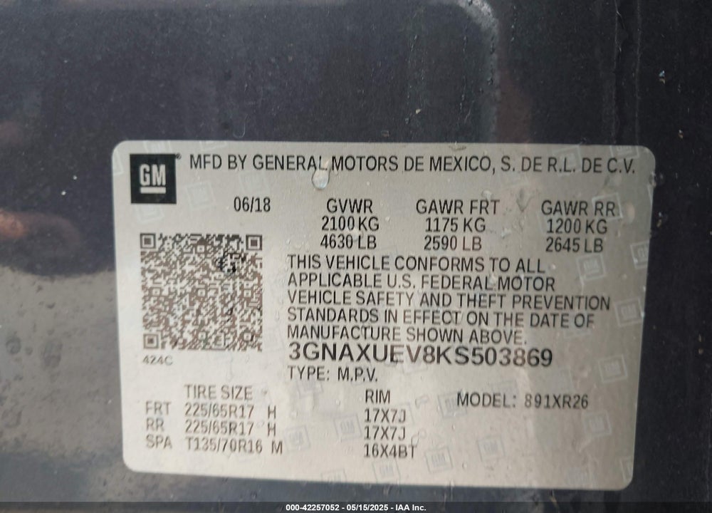 2019 CHEVROLET EQUINOX VIN: 3GNAXUEV8KS503869