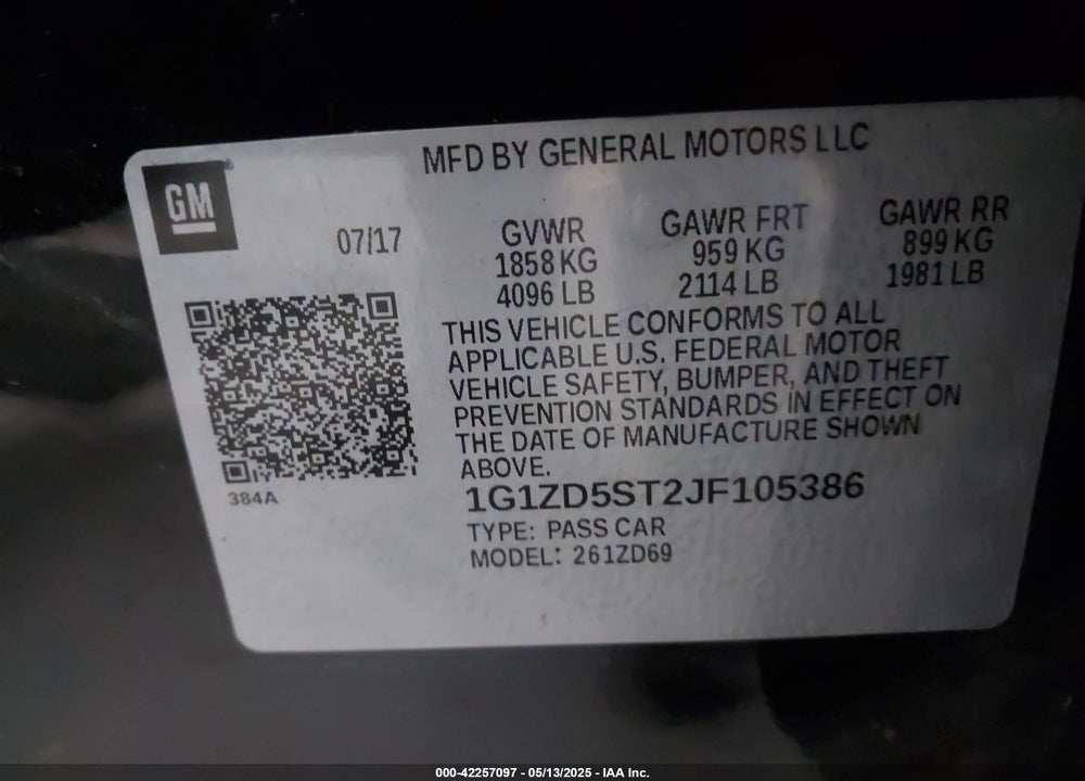 2018 CHEVROLET MALIBU LT VIN: 1G1ZD5ST2JF105386