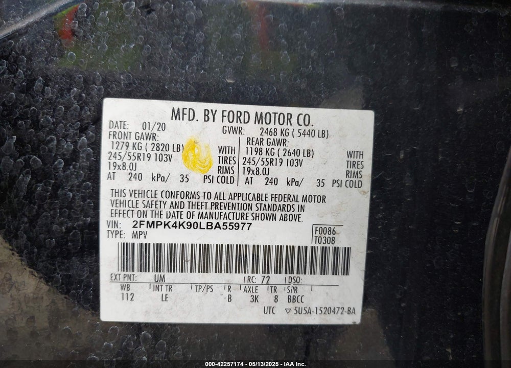 2020 FORD EDGE VIN: 2FMPK4K90LBA55977