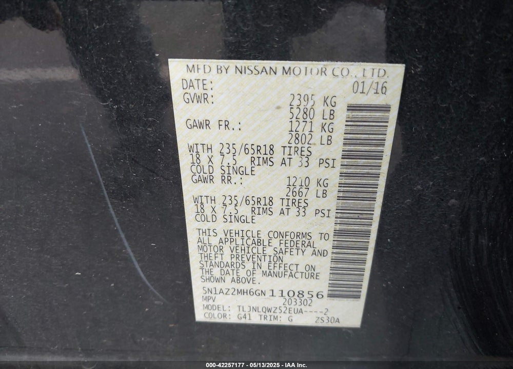 2016 NISSAN MURANO VIN: 5N1AZ2MH6GN110856