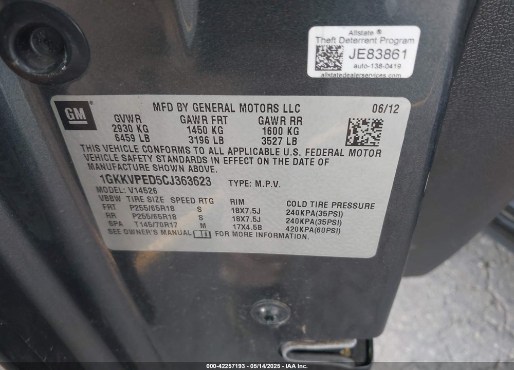 2012 GMC ACADIA VIN: 1GKKVPED5CJ363623