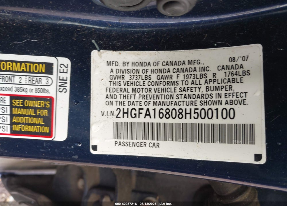 2008 HONDA CIVIC VIN: 2HGFA16808H500100