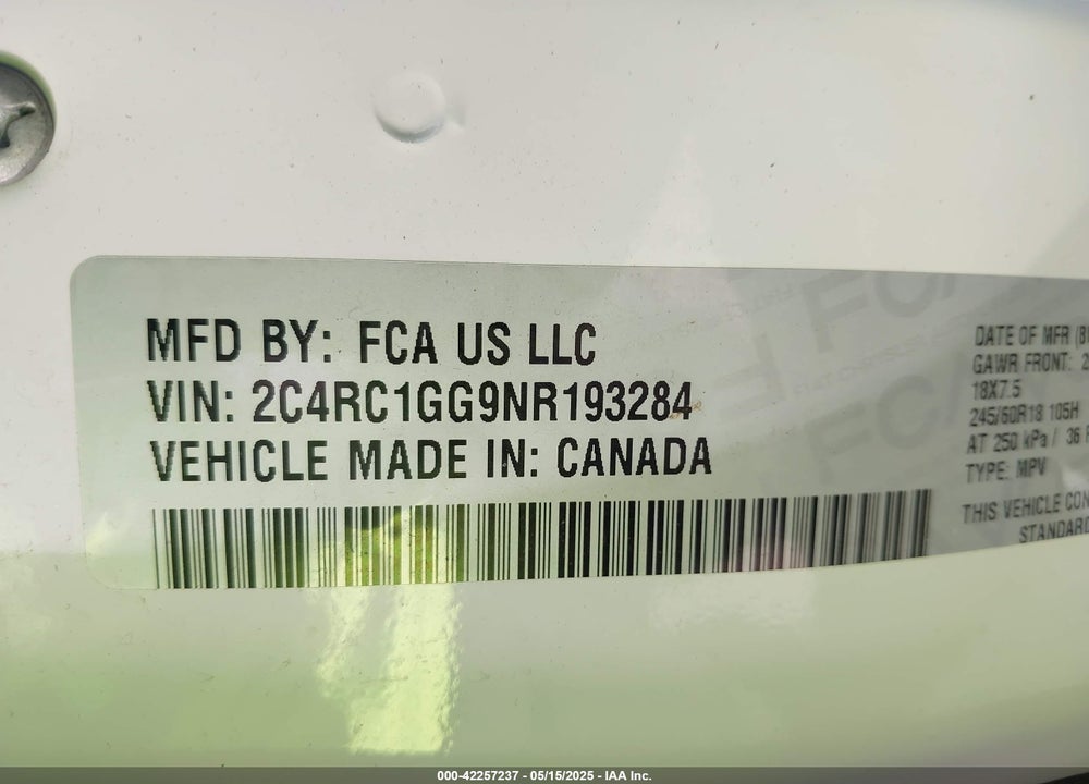 2022 CHRYSLER PACIFICA VIN: 2C4RC1GG9NR193284