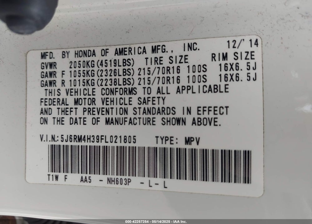 2015 HONDA CR-V LX VIN: 5J6RM4H39FL021805