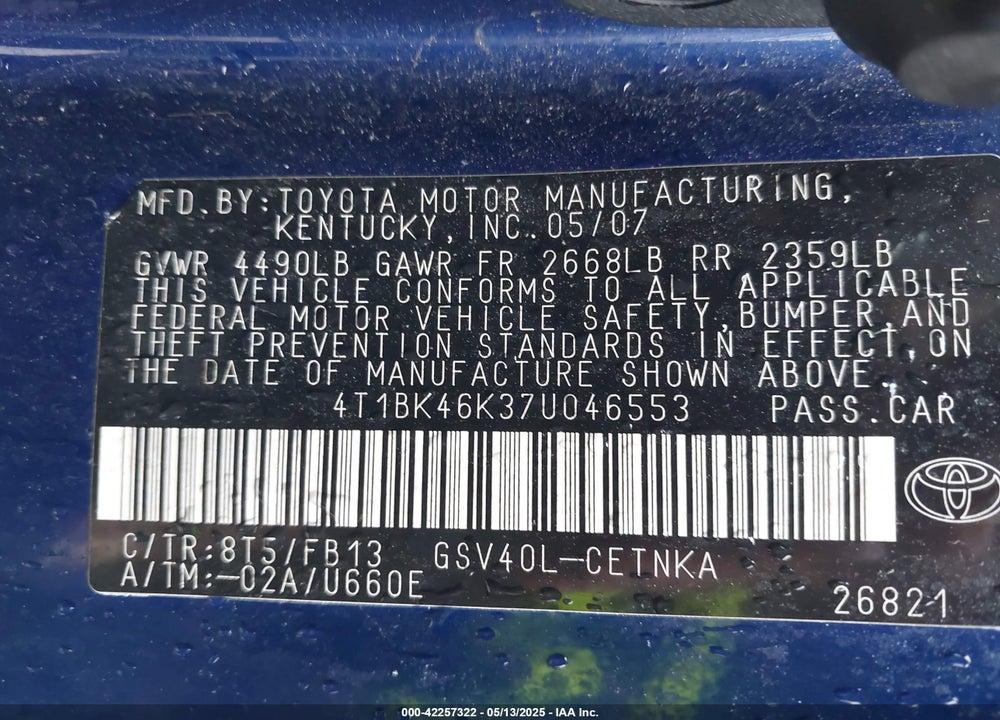 2007 TOYOTA CAMRY VIN: 4T1BK46K37U046553