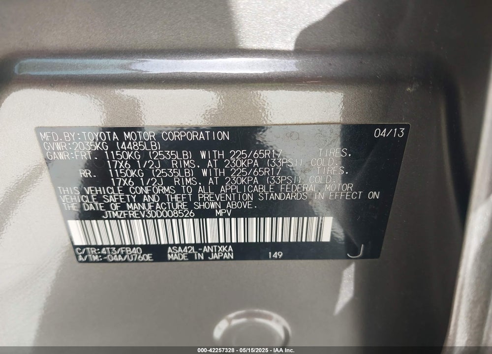 2013 TOYOTA RAV4 VIN: JTMZFREV3DD008526