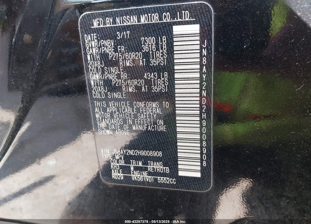2017 NISSAN ARMADA VIN: JN8AY2ND2H9008908