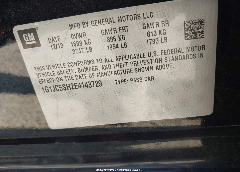 2014 CHEVROLET SONIC VIN: 1G1JC5SH2E4143729