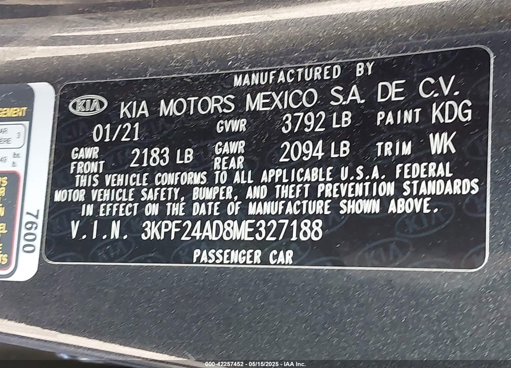 2021 KIA FORTE VIN: 3KPF24AD8ME327188