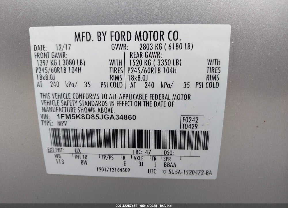 2018 FORD EXPLORER XLT VIN: 1FM5K8D85JGA34860