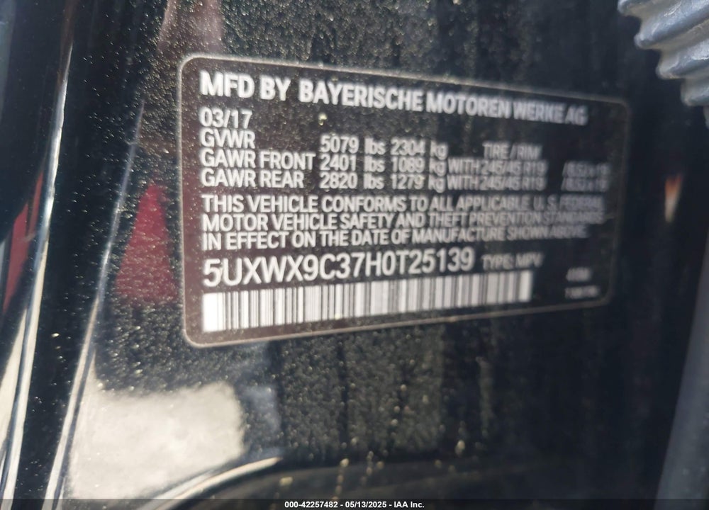 2017 BMW X3 VIN: 5UXWX9C37H0T25139