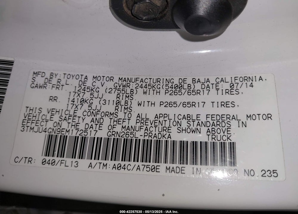 2014 TOYOTA TACOMA VIN: 3TMJU4GN9EM172517