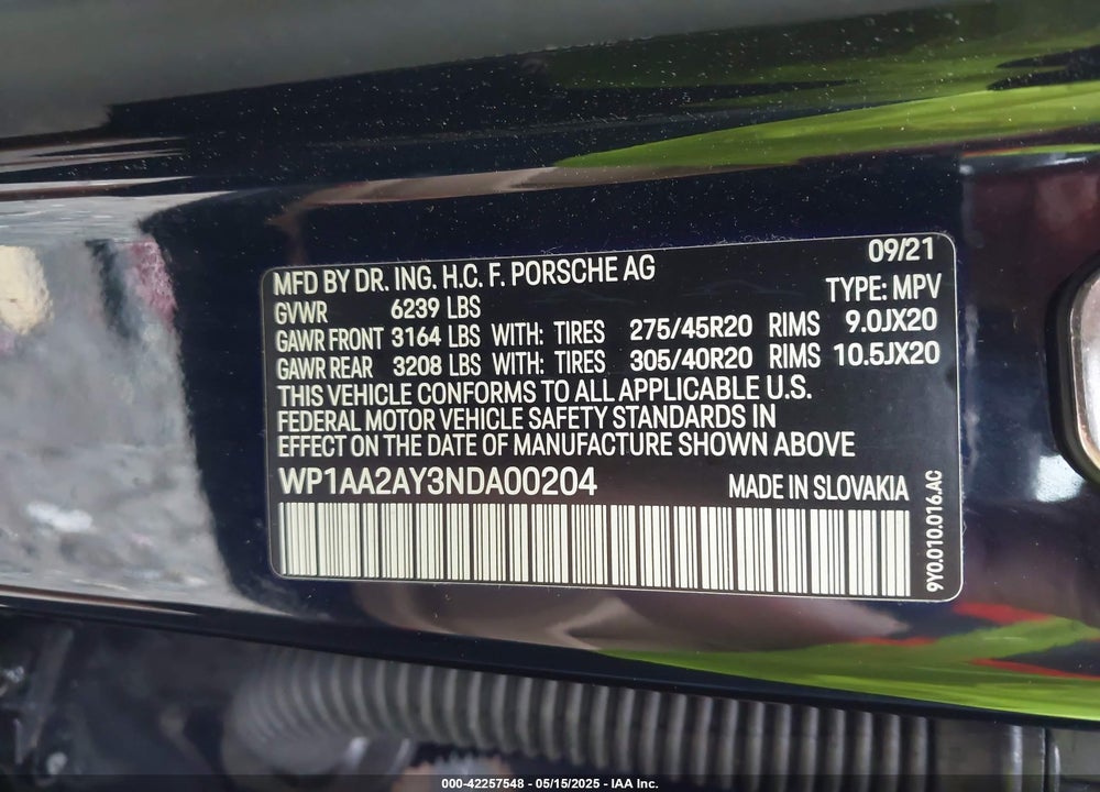 2022 PORSCHE CAYENNE VIN: WP1AA2AY3NDA00204