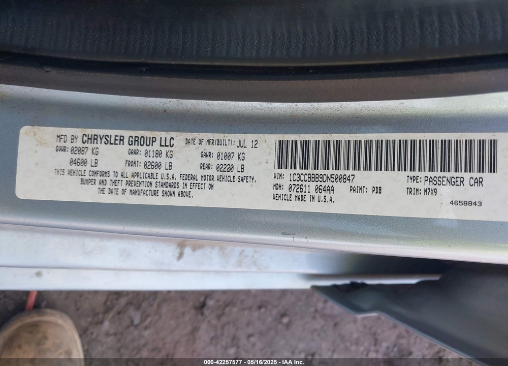 2013 CHRYSLER 200 VIN: 1C3CCBBB9DN500847