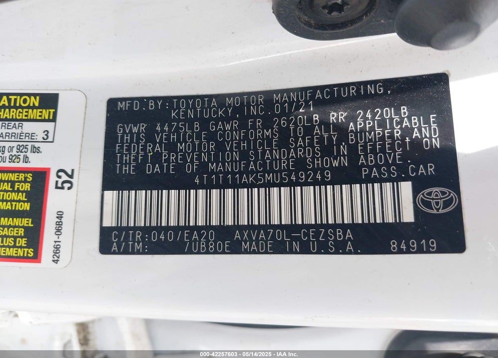 2021 TOYOTA CAMRY VIN: 4T1T11AK5MU549249