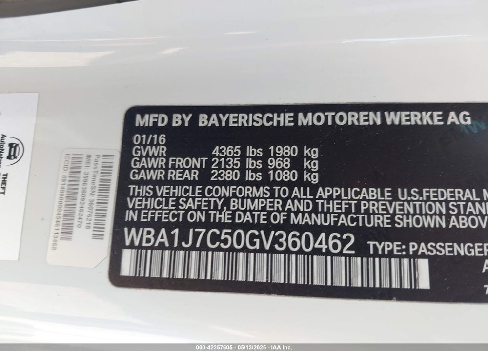 2016 BMW M235I VIN: WBA1J7C50GV360462