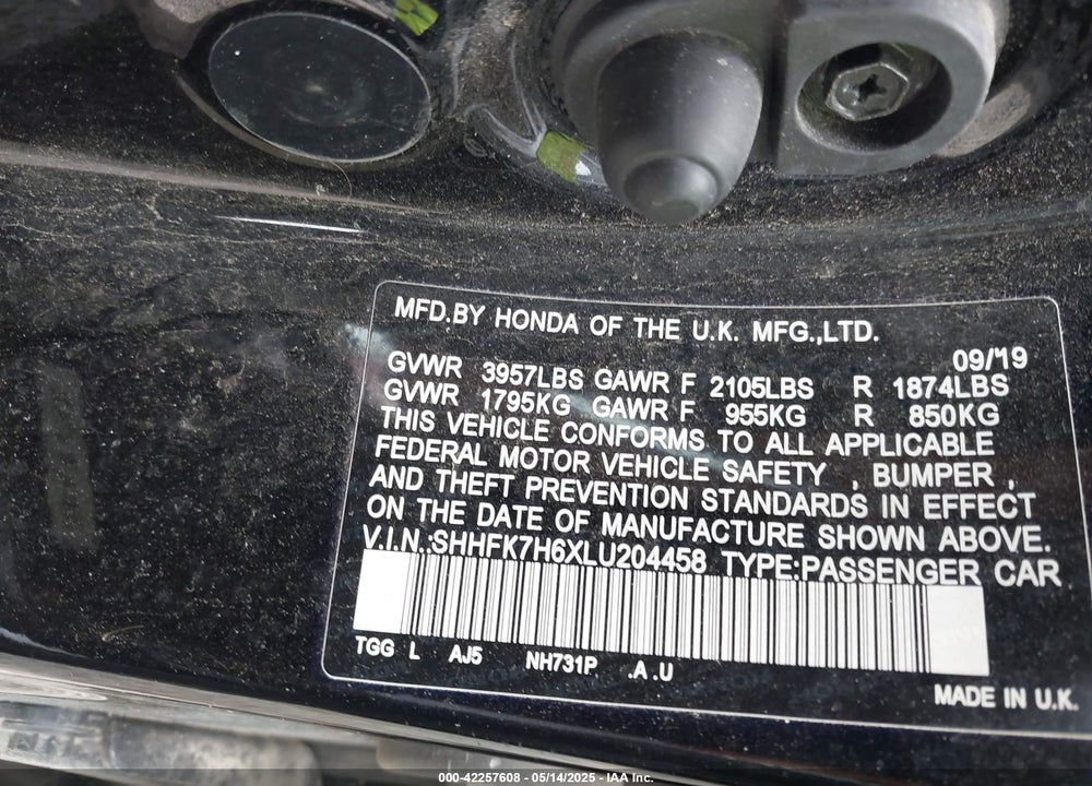 2020 HONDA CIVIC EX VIN: SHHFK7H6XLU204458