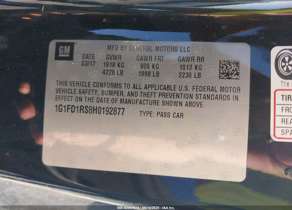 2017 CHEVROLET CAMARO 2LT VIN: 1G1FD1RS8H0192877