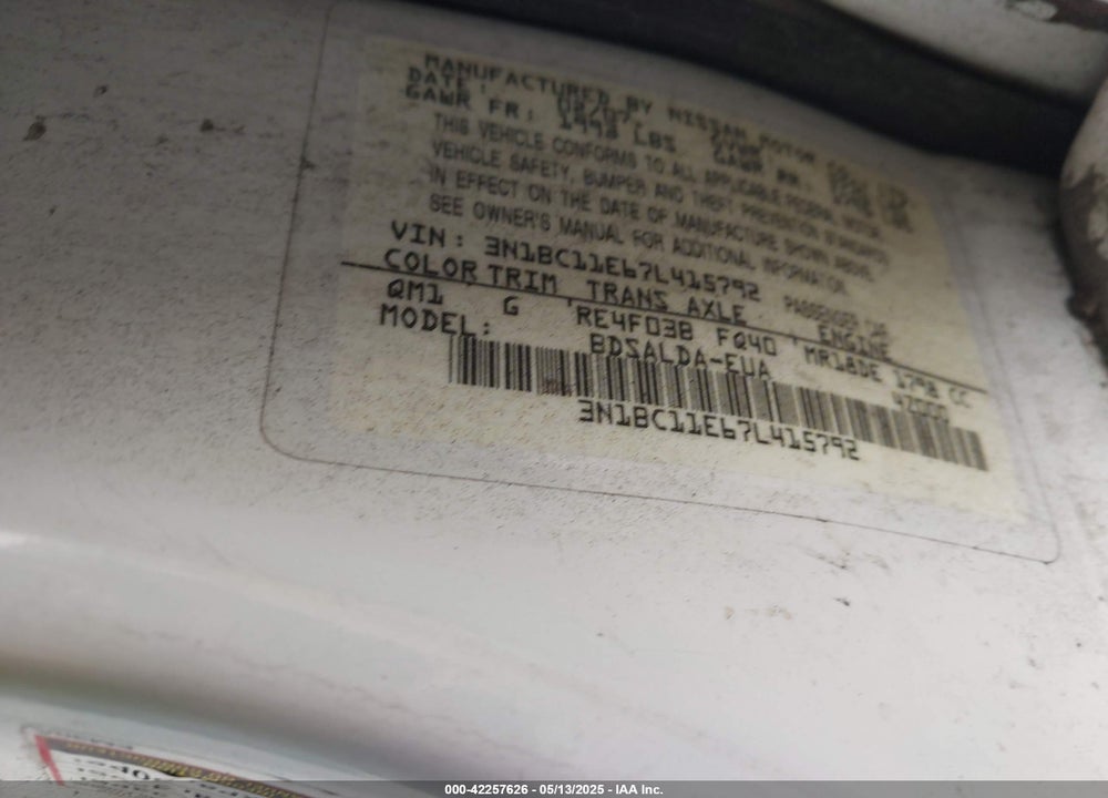 2007 NISSAN VERSA 1.8S VIN: 3N1BC11E67L415792